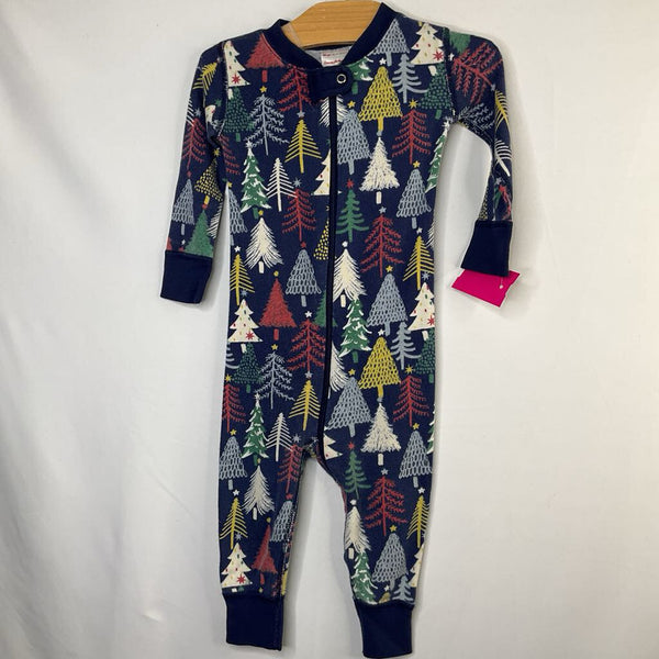 Size 18-24m (80): Hanna Andersson Blue/Multi Trees Organic Cotton 1pc Zip-Up Holiday PJs REDUCED