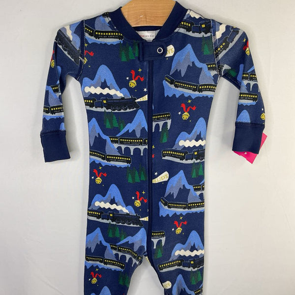 Size 12-18m (75): Hanna Andersson Blue/Multicolor Polar Express Print Organic Cotton 1pc Zip-Up Holiday PJs