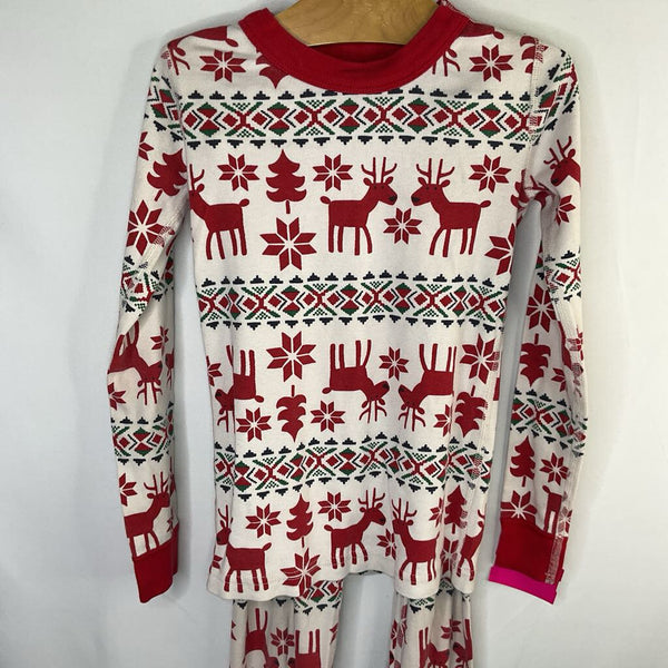 Size 6-7 (120): Hanna Andersson White/Red Fair Isle Reindeer Organic Cotton 2pc Holiday PJs