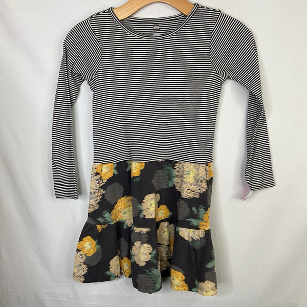 Size 8: Tea Black/Grey/Yellow Stripes/Floral Long Sleeve Dress