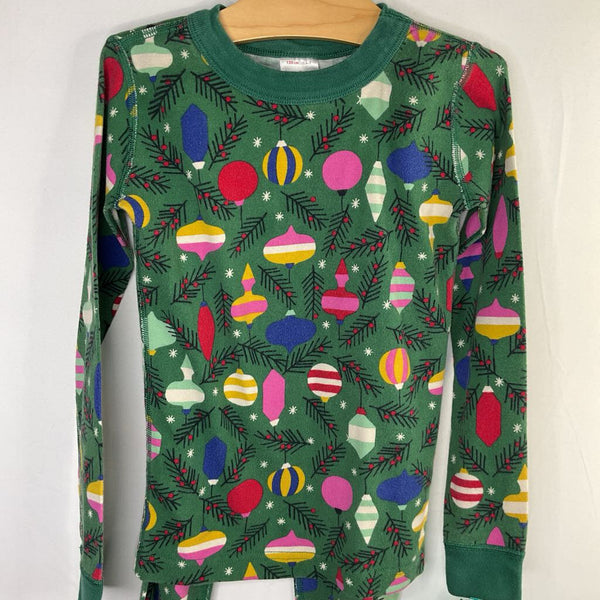 Size 6-7 (120): Hanna Andersson Green/Colorful Ornaments Organic Cotton 2pc Holiday PJs