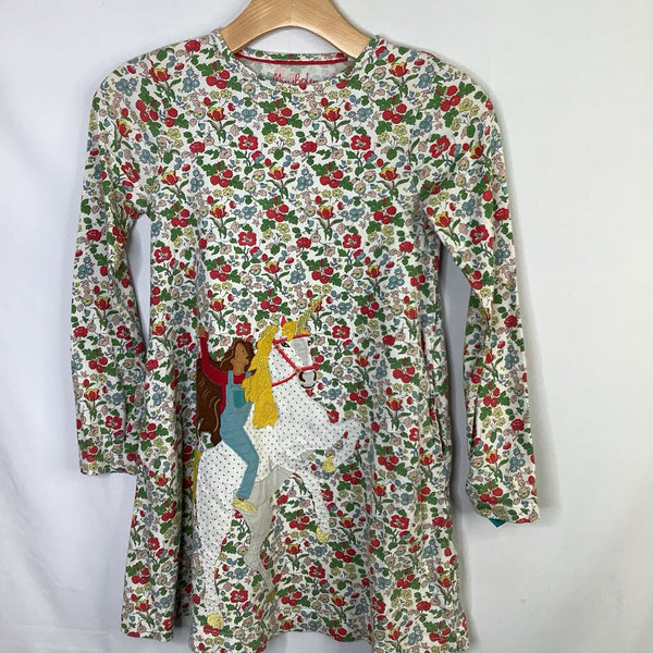 Size 8-9: Boden White/Colorful Floral/Unicorn Applique Long Sleeve Dress