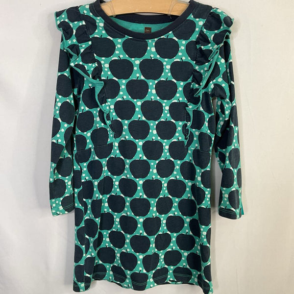 Size 6: Tea Blue Apples/Spots Long Sleeve Ruffle Trim Dress