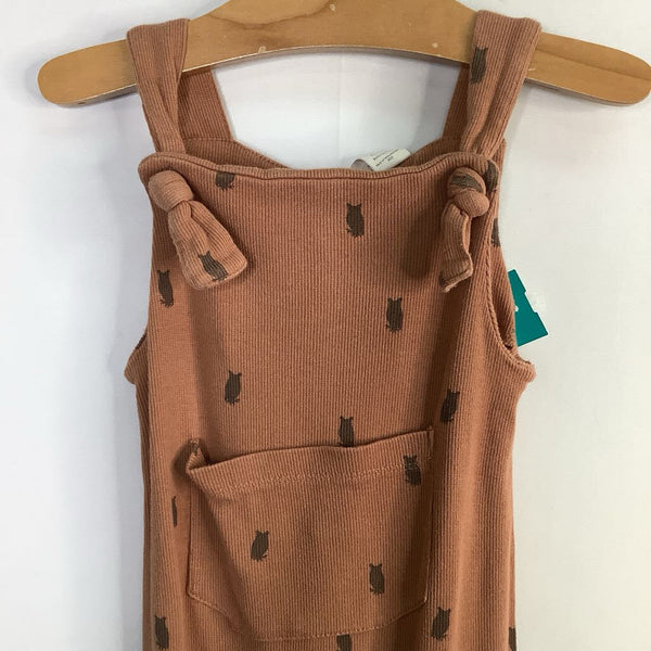 Size 2: Kate Quinn Orange/Brown Owls Ribbed Knot Overalls