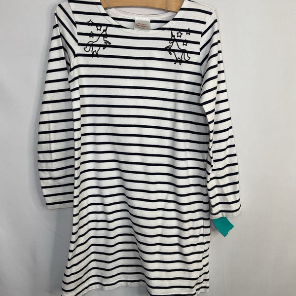 Size 6-7 (120): Hanna Andersson White/Navy Stripes/Unicorns Long Sleeve Dress REDUCED