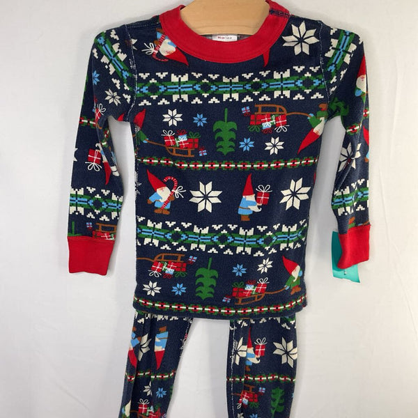 Size 3 (90): Hanna Andersson Navy/Green/Red Gnomes Organic Cotton 2pc Holiday PJs