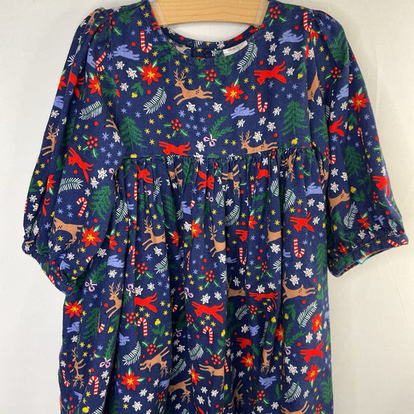 Size 6-7 (120): Hanna Andersson Navy/Colorful Woodland Long Sleeve Holiday Dress
