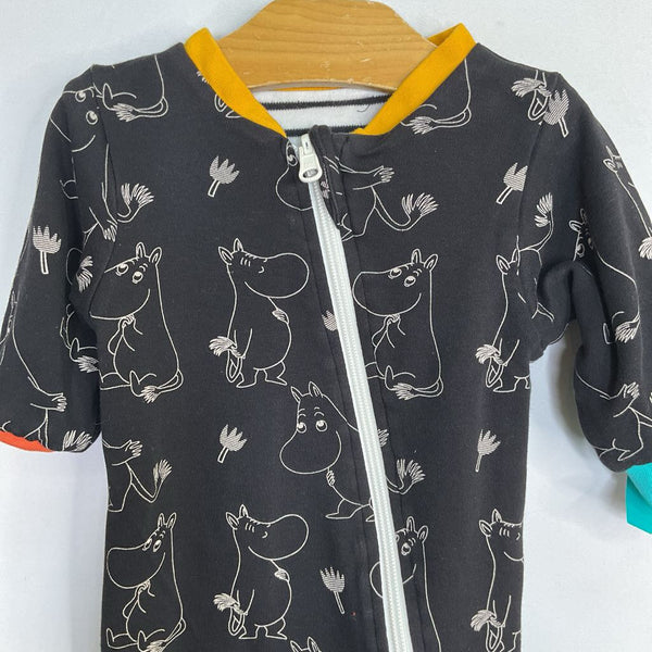 Size 3-6m: Reima Black/White Stripes/Moomin Reversible Zip Romper
