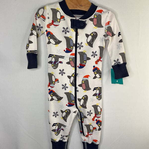 Size 3-6m (60): Hanna Andersson White/Multi Ski Penguins Organic Cotton 1pc Zip-Up Holiday PJs REDUCED