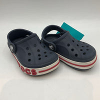 Size 4: Crocs Navy/White/Red Clogs