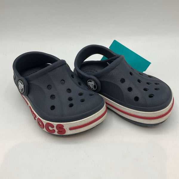 Size 4: Crocs Navy/White/Red Clogs