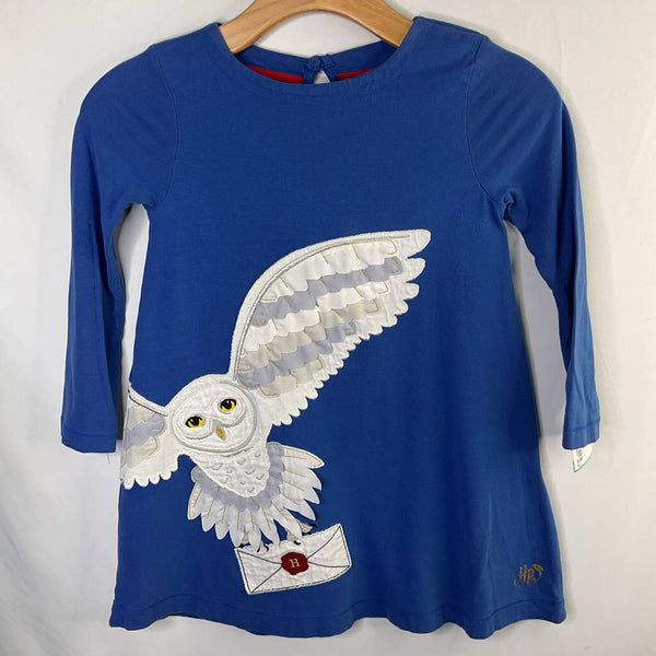 Size 5-6: Boden Blue/White Hedwig Owl Applique Long Sleeve Dress