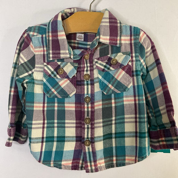 Size 9-12m: Tea Purple/White/Blue Plaid Flannel Button-Up Shirt