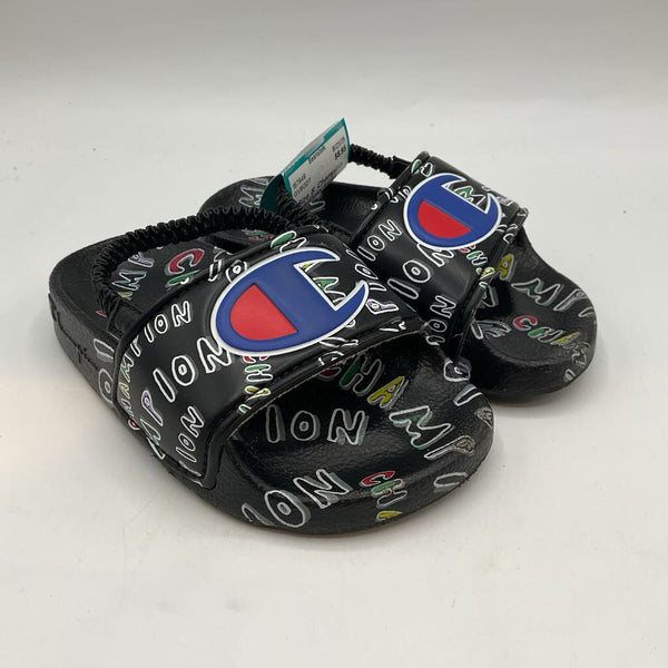 Size 5: Champion Black/Colorful Logo Slide Sandals