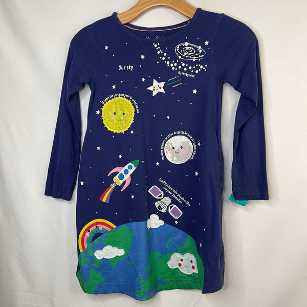 Size 7-8: Boden Blue/Multi Solar System Applique Long Sleeve Dress