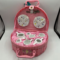 Pink Picnic Set w/ Wicker Basket/Ceramic Dishware