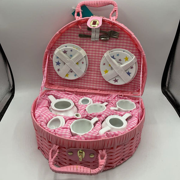 Pink Picnic Set w/ Wicker Basket/Ceramic Dishware