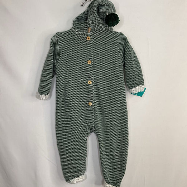 Size 12m: Alana Green/White 100% Wool Hooded Romper