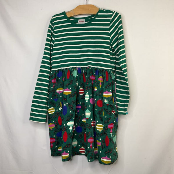 Size 6-7 (120): Hanna Andersson Green/Multi Stripes/Oranments Long Sleeve Holiday Dress