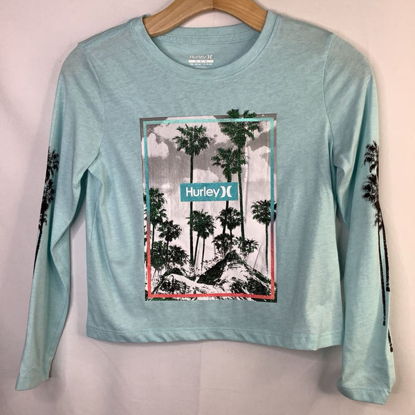 Size 10-12: Hurley Blue/Multi Sparkle Palm Trees Long Sleeve Shirt