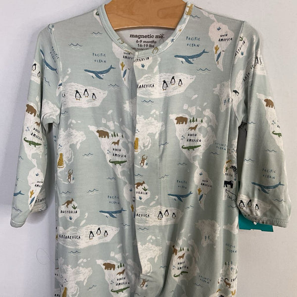 Size 6-9m: MagneticMe Blue/Multi World Map Bamboo 1pc Footy PJs