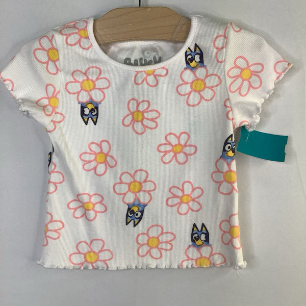 Size 4: Bluey White/Pink Floral Ribbed T-Shirt