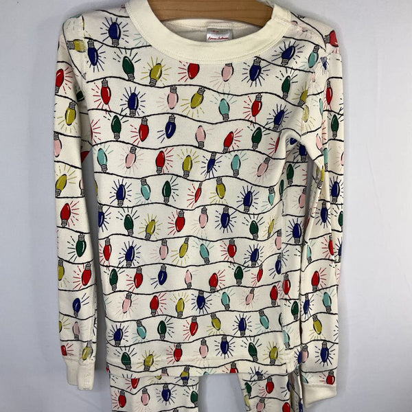 Size 6-7 (120): Hanna Andersson White/Colorful Lights Organic Cotton 2pc Holiday PJs