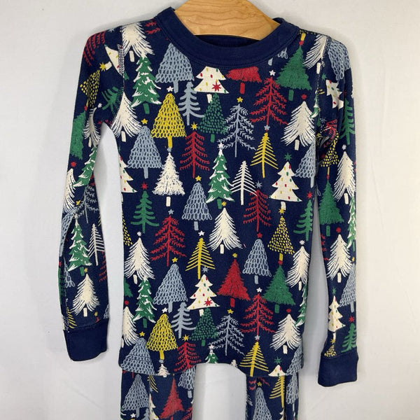 Size 6-7 (120): Hanna Andersson Navy/Colorful Trees Organic Cotton 2pc Holiday PJs