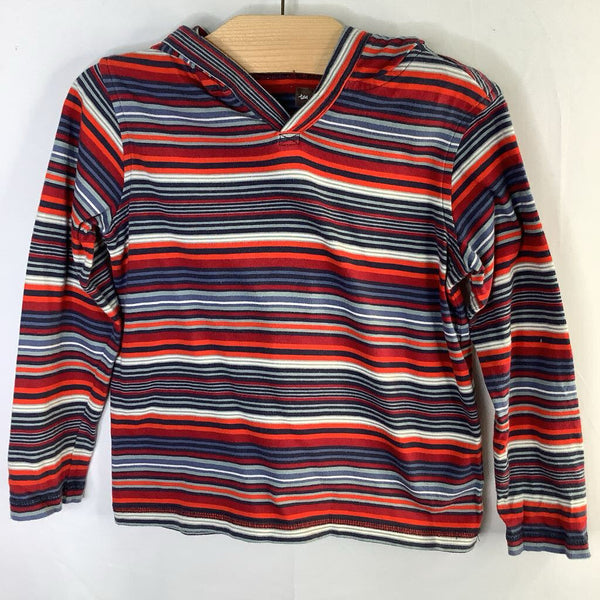 Size 4-5: Tea Red/White/Blue Striped Hooded Long Sleeve Shirt