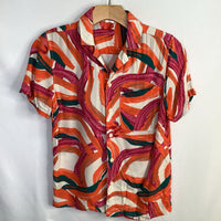 Size 8-10: Nordstrom White/Orange/Green Print Short Sleeve Button-Up Shirt