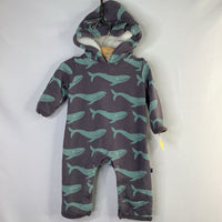 Size 0-3m: Kickee Pants Gray/Blue Whales Fleece Lined Hoodie Romper