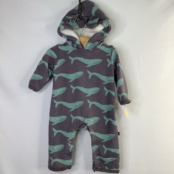 Size 0-3m: Kickee Pants Gray/Blue Whales Fleece Lined Hoodie Romper
