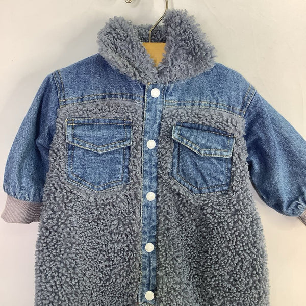 Size 9-12m: Blue Denim/Faux Sherling Snap-Up Romper