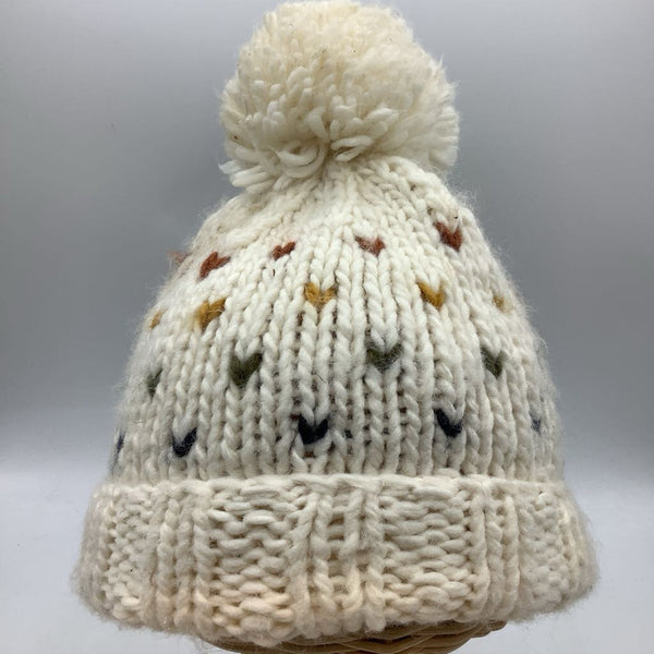 Size 6-24m: The Blueberry Hill White/Colorful Hearts Pompom Beanie