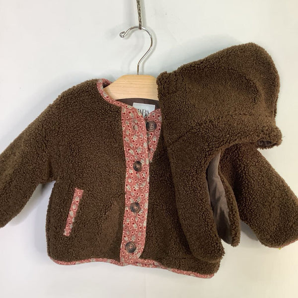 Size 6-9m: Zara Brown/Red Floral Trim Faux Sherling Jacket/Hat