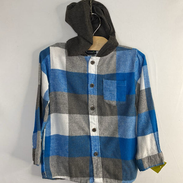 Size 3: Little Rebels Blue/White/Gray Plaid Flannel Hooded Button-Up Shirt