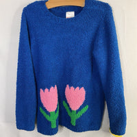 Size 5 (110): Hanna Andersson Blue/Pink Tulips Marshmallow Sweater