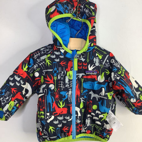 Size 3-6m: Navy/Colorful Animals Puff-Ball Reversible Waterproof Jacket