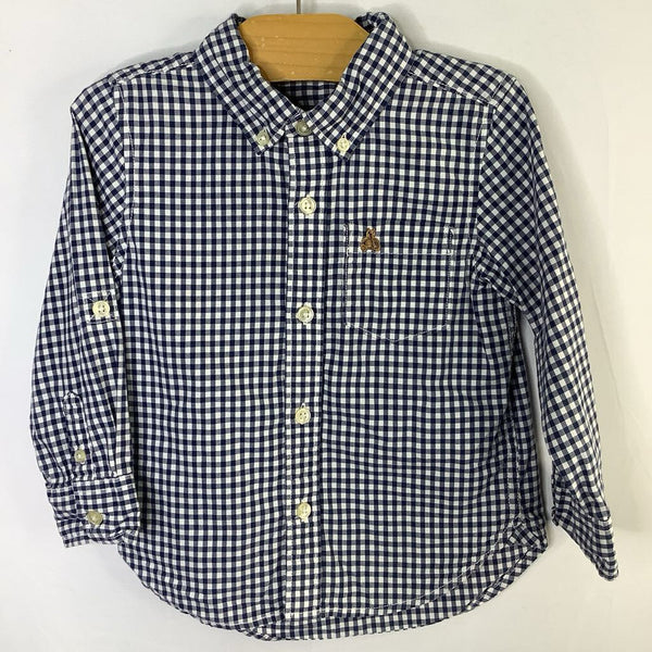 Size 3: GAP Navy/White Gingham Bear Long Sleeve Button Up