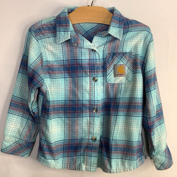 Size 4: Carhartt Blue/White/Orange Plaid Flannel Button-Up Shirt