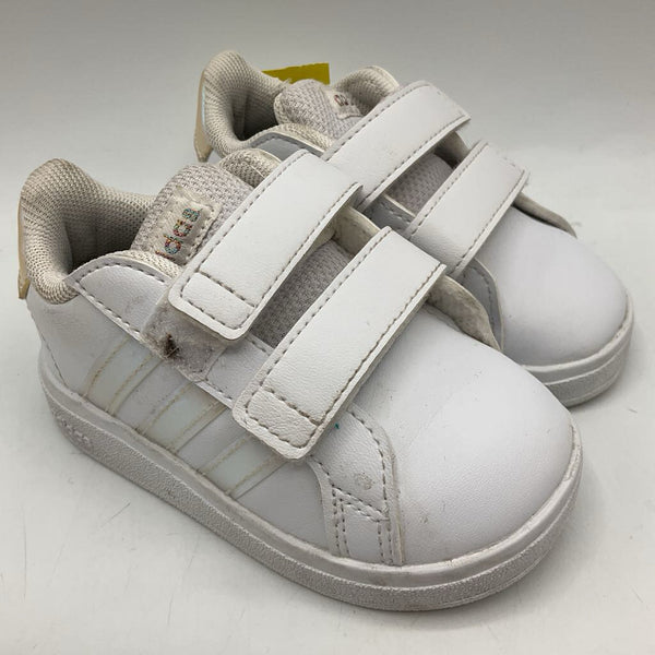 Size 5: Adidas White/Pink/Yellow Iridescent Velcro Sneakers