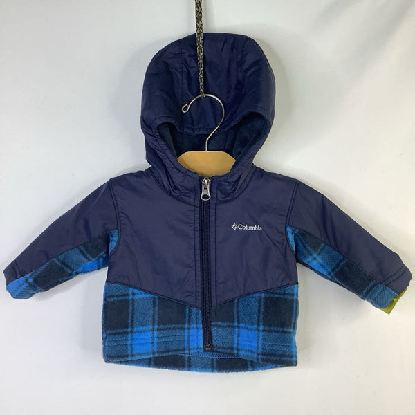 Size 0-3m: Columbia Blue Plaid Fleece/Nylon Hooded Zip-Up Coat