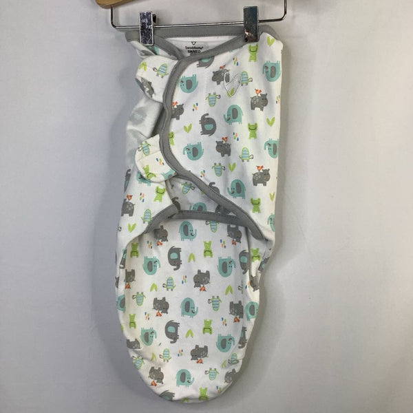 Size SM/MD: Swaddle Me White/Multi Elephants Velcro Swaddle