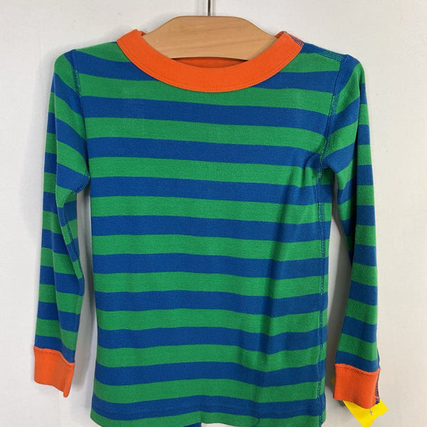 Size 4 (100): Hanna Andersson Blue/Green/Orange Trim Striped Organic Cotton 2pc PJs
