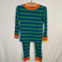 Size 4 (100): Hanna Andersson Blue/Green/Orange Trim Striped Organic Cotton 2pc PJs