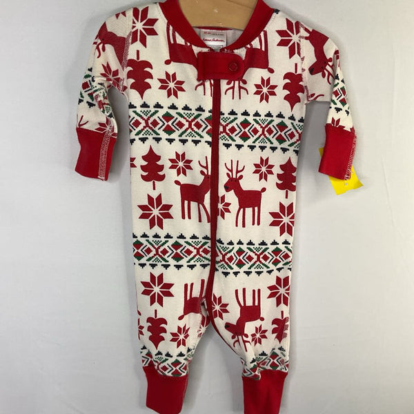 Size 0-3m (50): Hanna Andersson Red/White/Green Fair Isle Reindeer Organic Cotton 1pc Zip-Up Holiday PJs