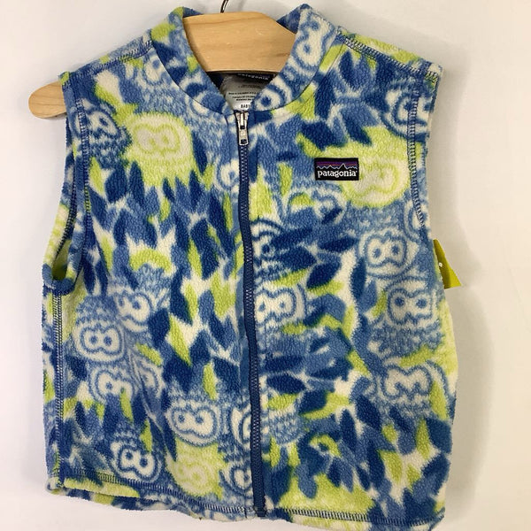 Size 3: Patagonia Blue/White/Green Owls Fleece Zip-Up Vest