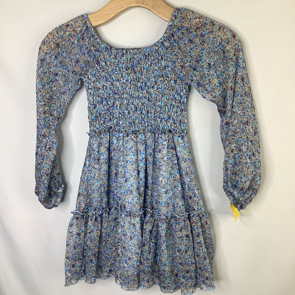 Size 10-12: FBZ Blue/Gray Floral Long Sleeve Smocked Dress NEW w/ Tags