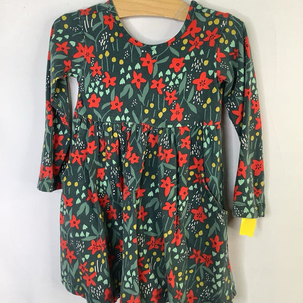 Size 3 (90): Hanna Andersson Green/Red/Yellow Floral Long Sleeve Pocket Dress REDUCED