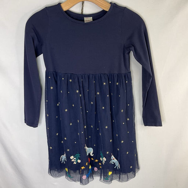 Size 8 (130): Hanna Andersson Navy/Multi Stars/Unicorn Tulle Long Sleeve Dress